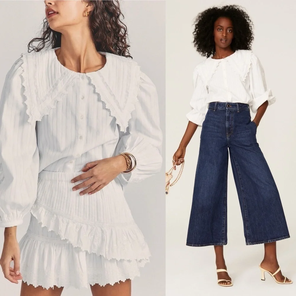 LOVESHACKFANCY Lace Embroidered Oversized Collar Puff Long Sleeve Pintuck Top XS